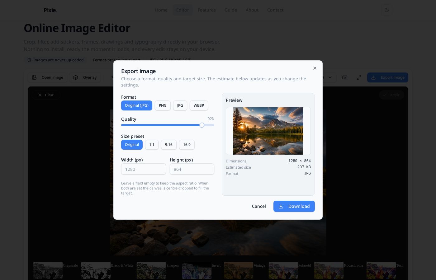Export dialog with format buttons, quality slider, size presets and file-size estimate