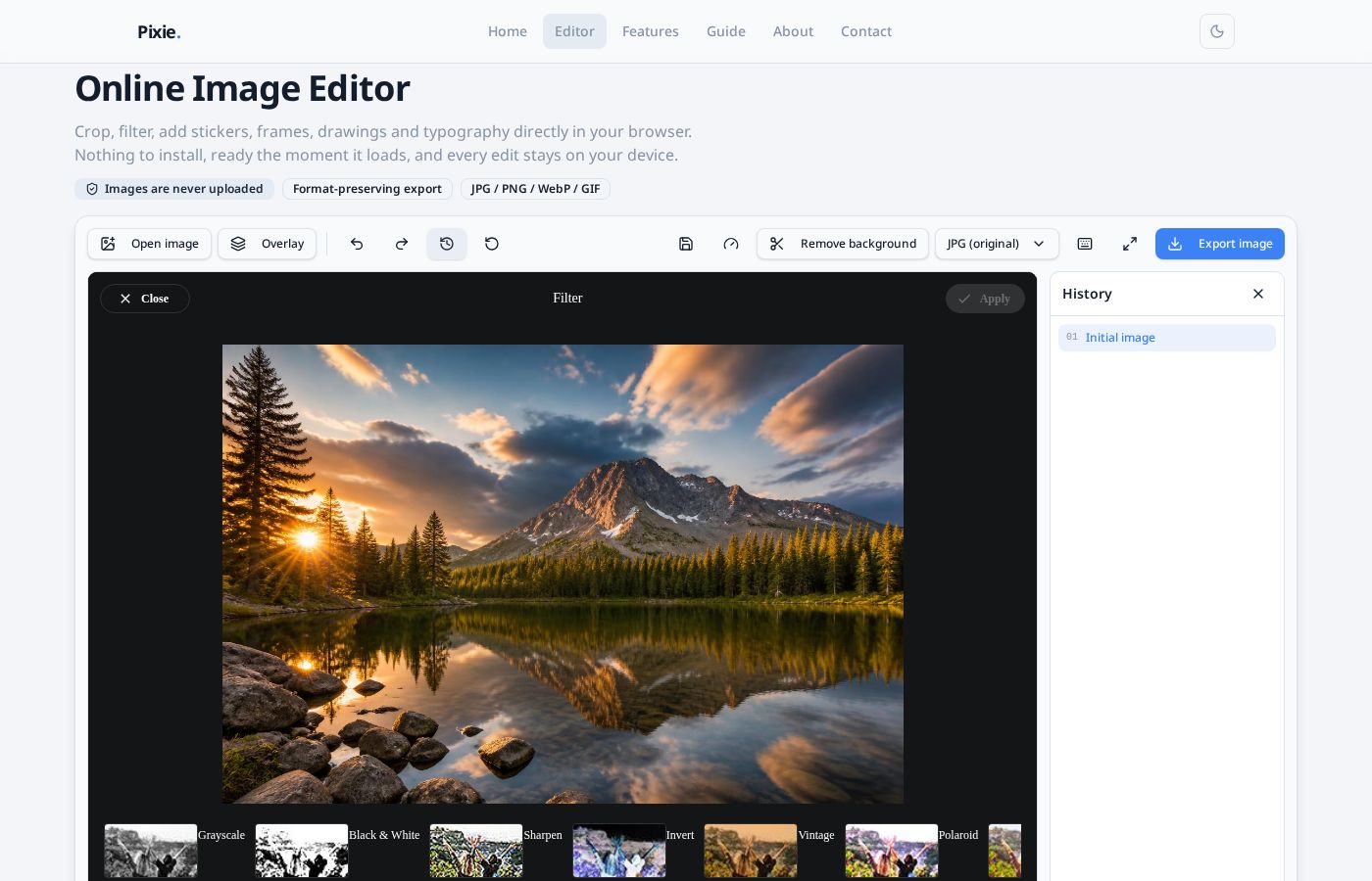 History sidebar listing editing steps with a jump-back control