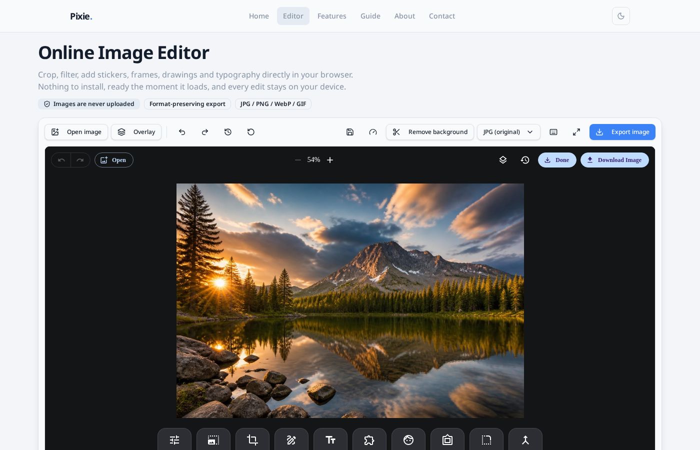 The PPPP editor open with a landscape photo loaded on the canvas